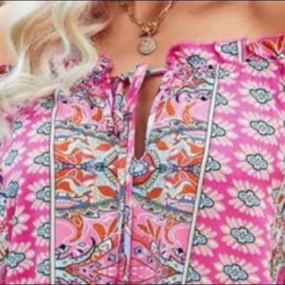 Boho pink random designs. on or off the shoulder Pink, turquoise, blue, white - Picture 7 of 14